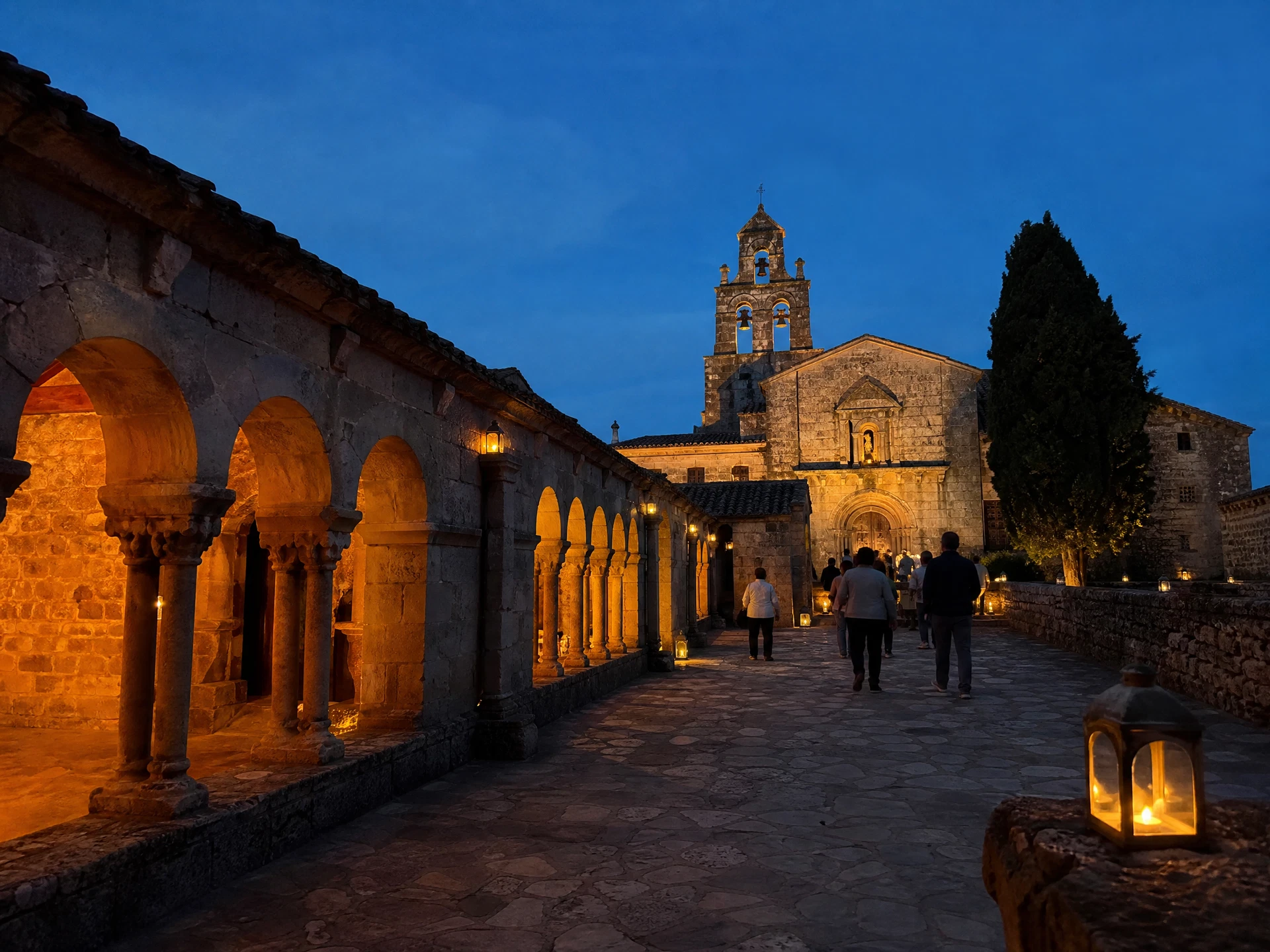 Claustro románico iluminado durante un evento cultural