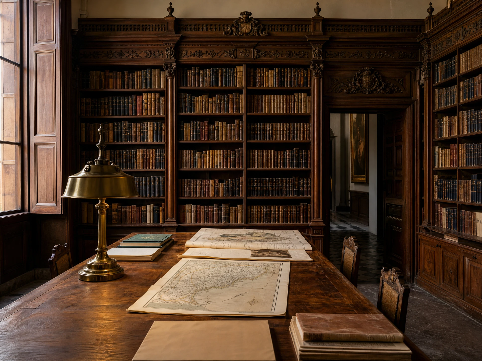 Sala de lectura con mapas y libros antiguos